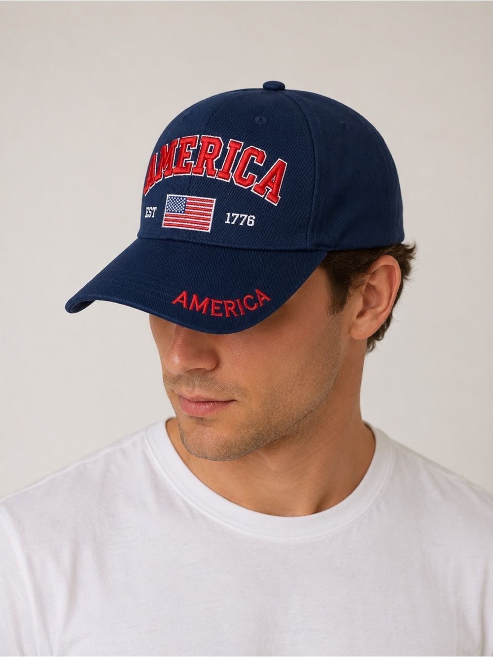 America Est. 1776 W Flag Blue Baseball Cap/Hat W/ America on side and Back OS